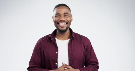 Thank you, communication and portrait of black man sign language interpreter isolated in a studio white background. Smile, happy and person talking with hands, gesture or gratitude symbol in speech - Powered by Adobe