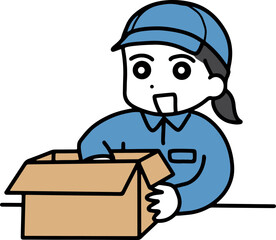 段ボール箱と作業服＆帽子の若い女性