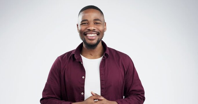 Thank you, communication and portrait of black man sign language interpreter isolated in a studio white background. Smile, happy and person talking with hands, gesture or gratitude symbol in speech