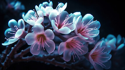 Fototapeta na wymiar Blue and pink flowers on a black background.Generative Ai