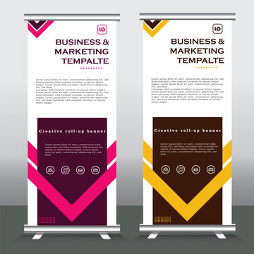 Banner roll-up design, business concept. Graphic template roll-up for exhibitions, banner for seminar, layout for placement of photos. Universal stand for conference, promo banner vector background.