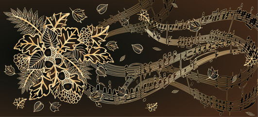 Art deco banner with autumn leaves and music notes, vector illustration