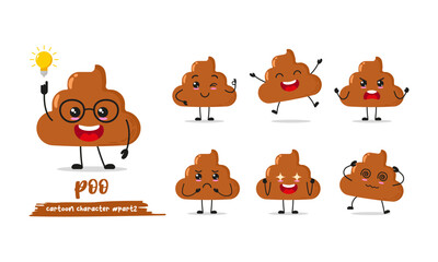 cute poo cartoon with many expressions. stool different activity pose vector illustration flat design set.