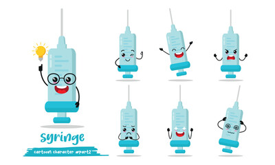 cute syringe cartoon with many expressions. medication different activity pose vector illustration flat design set.