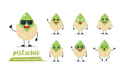 cute pistachio cartoon with many expressions. nut different activity pose vector illustration flat design set with sunglasses.