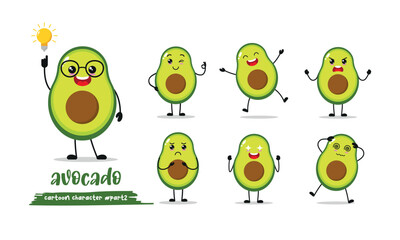 cute avocado cartoon with many expressions. fruit different activity pose vector illustration flat design set.