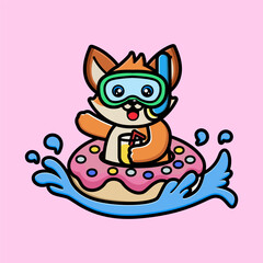 Cute fox with doughnut tires and orange juice cartoon