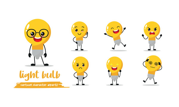 cute light bulb cartoon with many expressions. lamp different activity pose vector illustration flat design set.