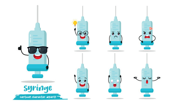cute syringe cartoon with many expressions. medication different activity pose vector illustration flat design set with sunglasses.