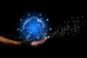Hand holding Global network connection to big data around the world.a nd tecnology internet metaverse concept.