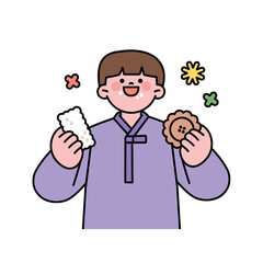 A big holiday in Korea. A boy wearing a traditional Korean costume is eating a traditional snack for the holiday.