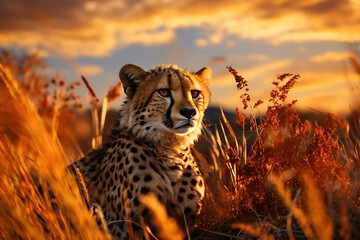 Cheetah's Stealth: A cheetah crouched low, dynamic moving, full-body, in the savannah's golden hues. Generated with AI