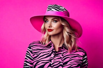 portrait of a woman wearing a pink dress with black lines on a pink  background, barbie girl, barbie concept - Generative AI