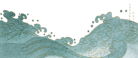 Japanese background with watercolor texture painting element vector. Oriental natural wave pattern with ocean sea decoration banner design in vintage style. Marine template.