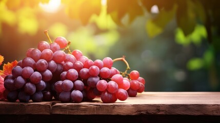 organic red grapes display on a wooden platform with natural backlighting, ideal for culinary websites, food magazines, and nutritional blog posts - obrazy, fototapety, plakaty