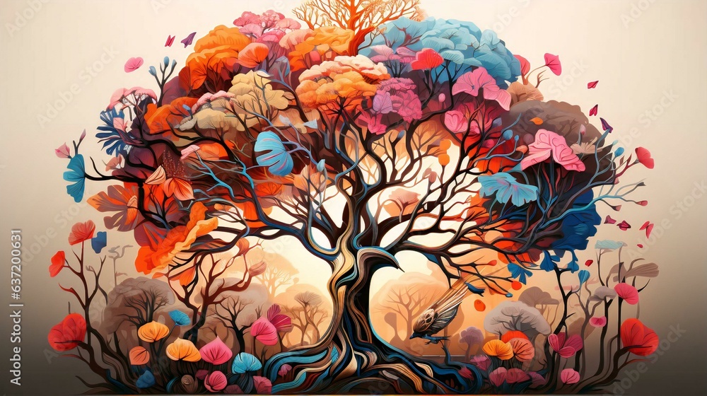 Poster abstract colorful tree with leaves in the shape of a human brain. creativity concept. ai generated