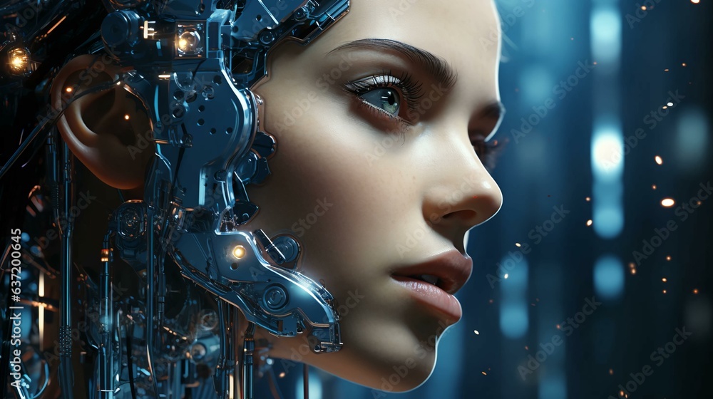 Poster connection of human woman and artificial intelligence robot. the concept of merging a person and a c