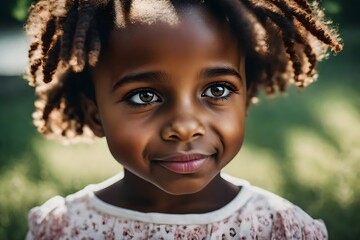 portrait of a black child smiling with curly hairs - Generative AI