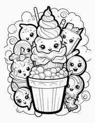 Cute kawaii candy halloween coloring page for kids, black and white line art Halloween cupcakes.
