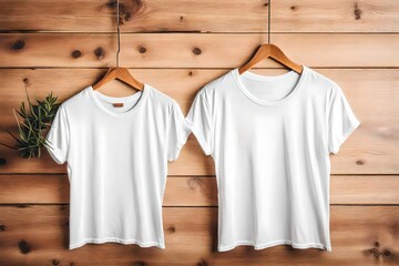 Obraz na płótnie Canvas white t shirts on wooden hangers, mock tshirt designs - Generative AI
