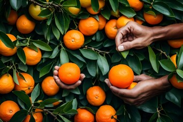 farmer picking up oranges from trees - Generative AI