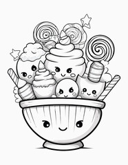 Cute kawaii candy halloween coloring page for kids, black and white line art Halloween cupcakes.
