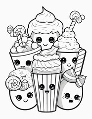 Cute kawaii candy halloween coloring page for kids, black and white line art Halloween cupcakes.
