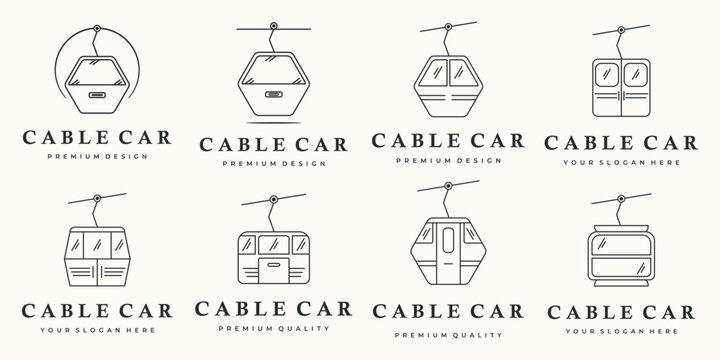 set of cable car transportation logo line art vector illustration concept template icon design, collection of gondola train with railway outdoor view concept vector illustration logo design
