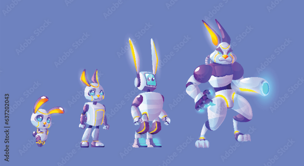Poster cute ai robot level evolution vector tech character. technology upgrade for electronic artificial in