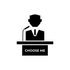 Political campaign speech on pulpit in black fill icon style. Vector illustration of election and voting design element in trendy style. Editable graphic resources for many purposes.