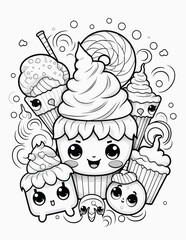 Cute kawaii candy halloween coloring page for kids, black and white line art Halloween cupcakes.
