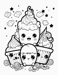 Cute kawaii candy halloween coloring page for kids, black and white line art Halloween cupcakes.
