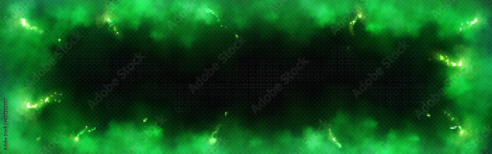 Poster frame made of green smoke and lightning bolts with overlay effect. realistic transparent vector bord