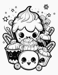 Cute kawaii candy halloween coloring page for kids, black and white line art Halloween cupcakes.
