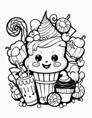 Cute kawaii candy halloween coloring page for kids, black and white line art Halloween cupcakes.
