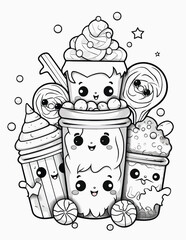 Cute kawaii candy halloween coloring page for kids, black and white line art Halloween cupcakes.
