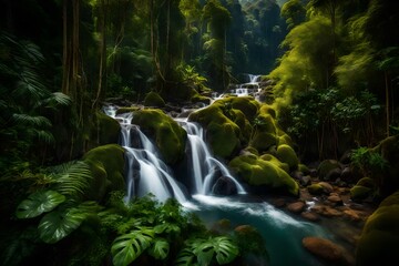 waterfall in the forest, beautiful Wallpaper, Landscape, and Background - Generative AI