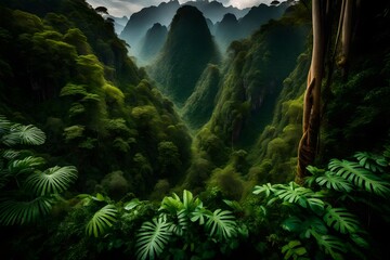 Aerial view of a solid green jungle on mountains - Generative AI
