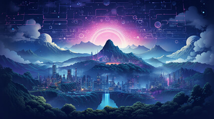 Digital Euphoria: AI-Infused Quantum Cloudscape with Neon Zodiac Elements in a Calming Psychedelic Vector Palette