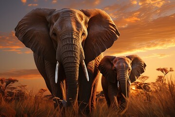 a herd of elephants walking across a dry grass field at sunset with the sun in the background and a few trees in the foreground,Generated with AI
