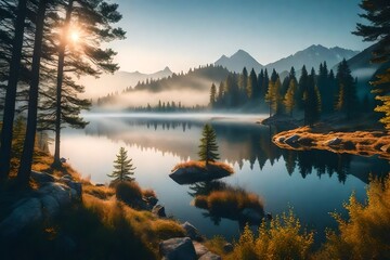 sunrise over the lake, beautiful Wallpaper, Landscape, and Background - Generative AI