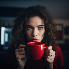 woman holding coffee cup, smiling, Generative AI