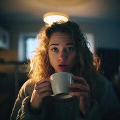 woman holding coffee cup, smiling, Generative AI