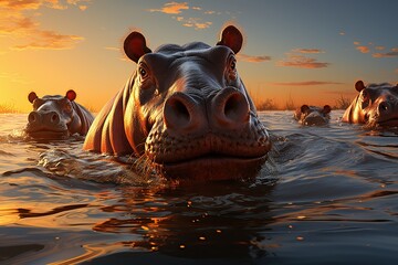 Hippo Haven: Hippos wallowing in a serene waterhole, a deceptive display of their enormous strength. Generated with AI - obrazy, fototapety, plakaty