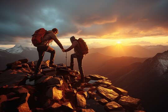 Hiker Helping Friend Climb Up Rocky Mountain Friendship Hiking Help On Top Of Mountain, Generated With AI