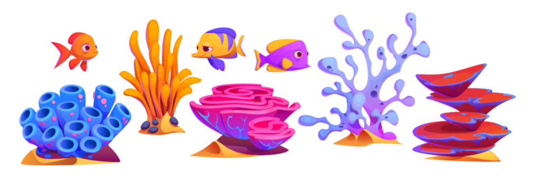 Underwater plants and animals - bright colored seaweed and algae, corals and reefs, fishes. Cartoon vector illustration set of aquarium or ocean and marine creatures. Tropical sea life elements.