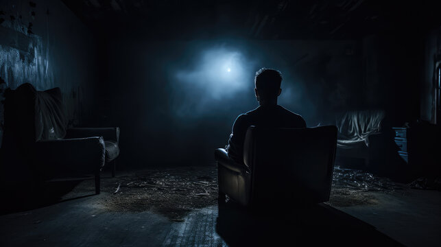 A lonely man in the dark room, sillhouette of a man, feeling depressed and stressed, Generative AI