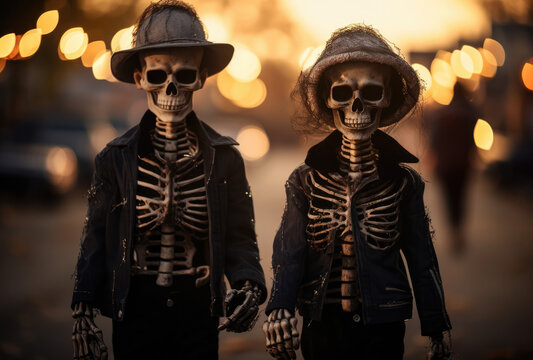 Halloween zwei Kinder gekleidet wie Skelette in Halloween-Kost&uuml;m, Halloween two children dressed like skeletons in halloween costume