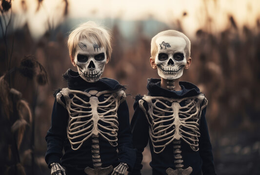 Halloween zwei Kinder gekleidet wie Skelette in Halloween-Kost&uuml;m, Halloween two children dressed like skeletons in halloween costume