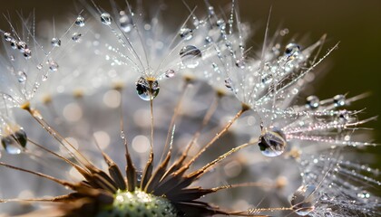 featuring water droplets magnifying the delicacy and grace of dandelion seeds in a macro close-up view. The artwork captures the enchantment of a dew-kissed wallpaper. Generate AI